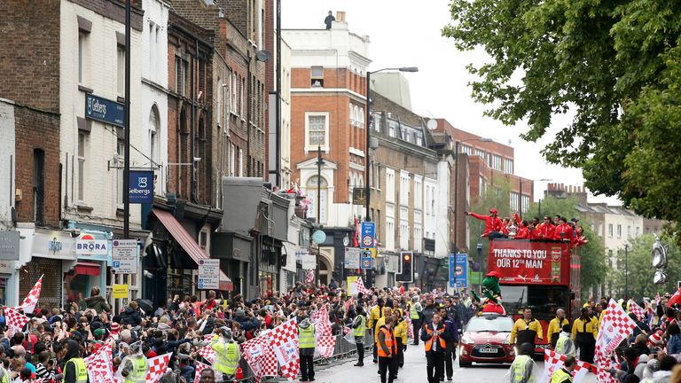 The Arsenal team during their FA Cup victory parade through London.