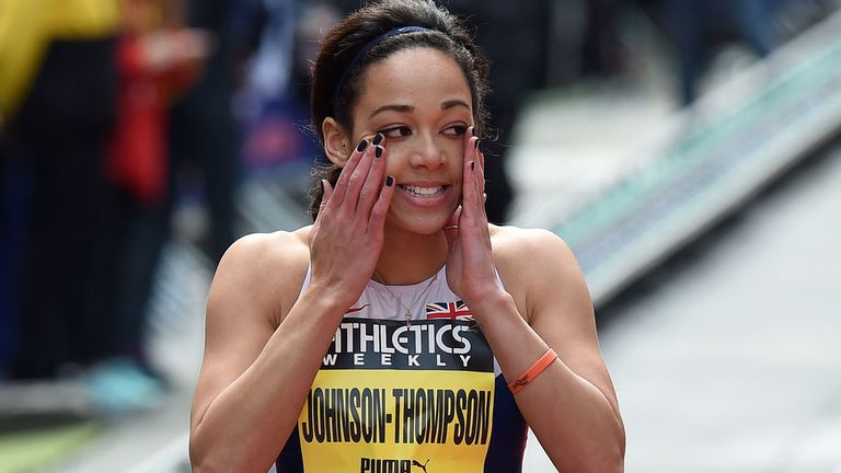 Katarina Johnson-Thompson reacts after finishing second in the Women's 200M Hurdles, during the Great CityGames, on Deansgate, Manchester.