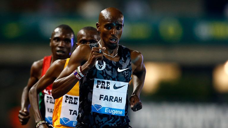 Mo Farah of Great Britain leads the pack during the 10,000m during Day 1 of the IAAF Diamond League Prefontaine Classic