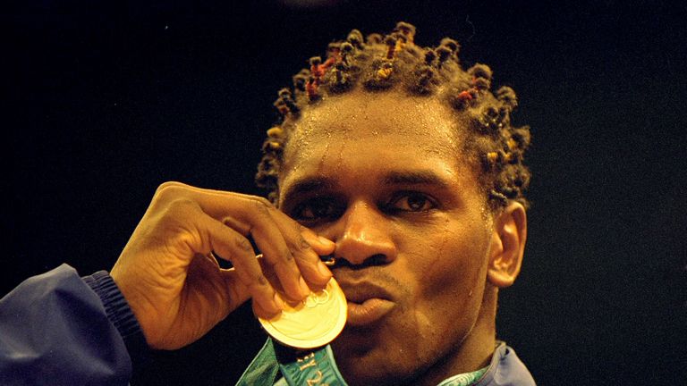 1 Oct 2000:  Audley Harrison of Great Britain celebrates winning Gold in the Mens 91kg Boxing Final at the Exhibition Halls on day 16 of the Sydney 2000 Ol