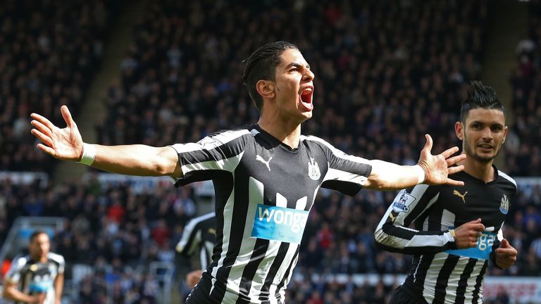 Newcastle United's  Ayoze Perez (L) celebrates scoring the equalising 1-1 goal against West Bromwich Albion on May 9.n