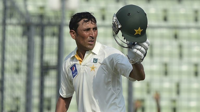 Younis Khan celebrates reaching his century