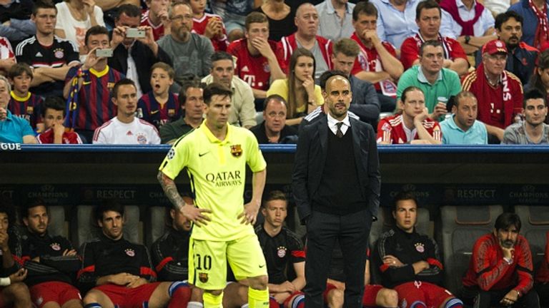 Barcelona's Argentinian forward Lionel Messi (L) and Bayern Munich's Spanish head coach Pep Guardiola