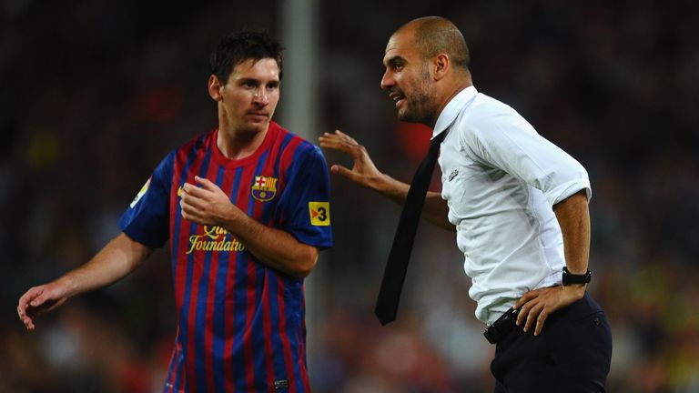 Pep Guardiola gives Lionel Messi instructions during the Spaniard's time at Barcelona