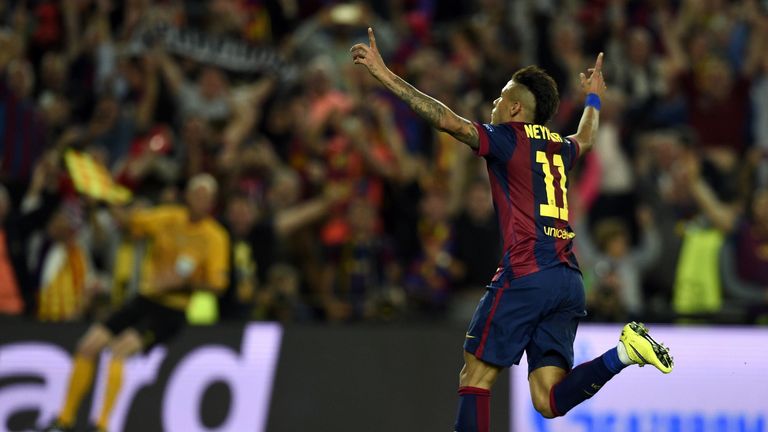 Barcelona's Brazilian forward Neymar da Silva Santos Junior celebrates after scoring