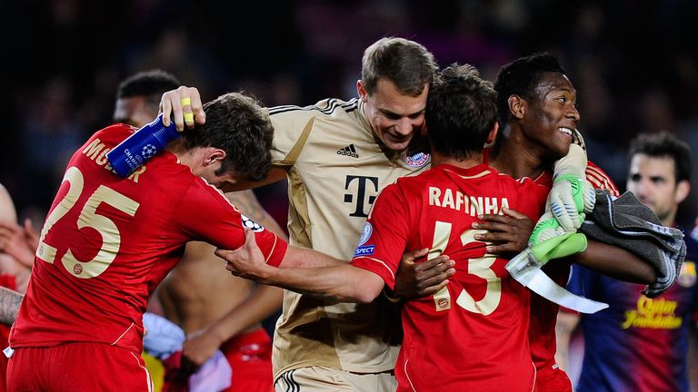 Bayern players celebrate victory at the Nou Camp in 2013