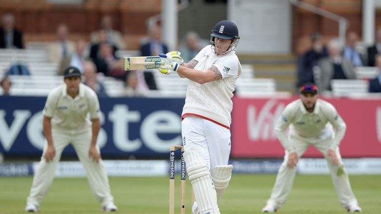 Ben Stokes of England hits out for six runs