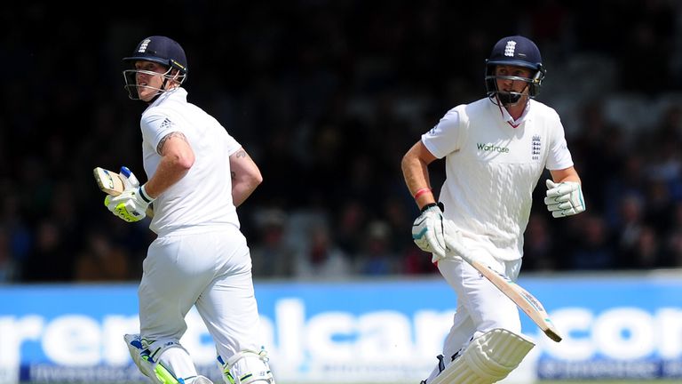 Ben Stokes (L) and Joe Root of England score a run during day one of the 1st Investec Test match between England and New Zealand at Lord's