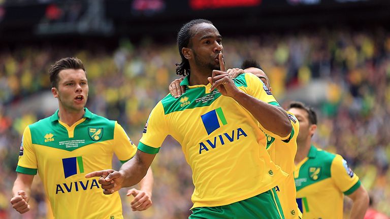 Norwich City's Cameron Jerome celebrates scoring his sides first goal of the game during the Sky Bet Championship Play Off Final at Wembley Stadium, London
