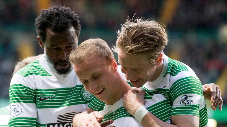 Celtic's Leigh Griffiths celebrates Efe Ambrose and Stefan Johansen after scoring his sides opening goal during the Scottish Premiership match