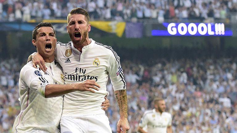 Cristiano Ronaldo celebrates with Sergio Ramos