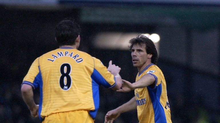 2 Feb 2002:  Frank Lampard of Chelsea congratulates Gianfranco Zola on scoring the equalizing goal during the FA Barclaycard Premiership match between Leic