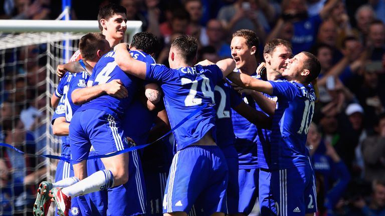 Chelsea players celebrate after clinching the Premier League title