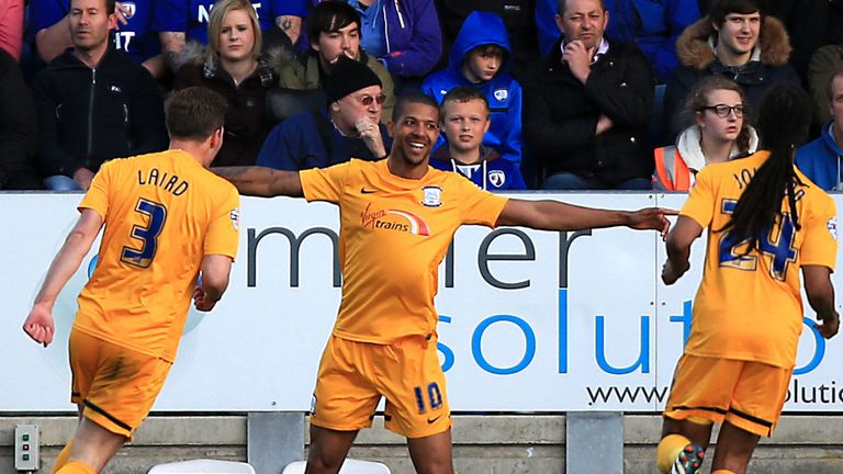Preston North End's Jermaine Beckford (centre) celebrates scoring his side's first goal of the game with teammates Scott Laird (left) and Daniel Johnson