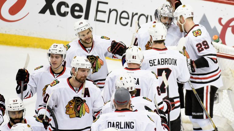 ST PAUL, MN - MAY 7: The Chicago Blackhawks celebrate a win against the Minnesota Wild of Game Four of the Western Conference Semifinals during the 2015 NH