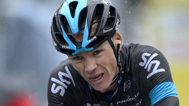 Britain's Christopher Froome (Sky) reacts at the arrival of the fourth stage 162.7 km between Fribourg and Champex-Lac  at the Tour de Romandie