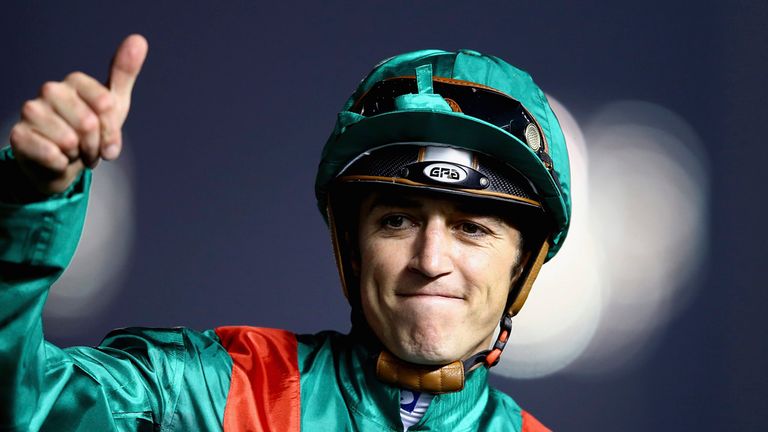 Jockey Christophe Soumillon celebrates riding Dolniya to victory at Meydan