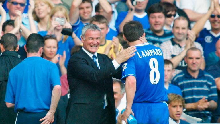 Chelsea manager Claudio Ranieri embraces Frank Lampard during the FA Barclaycard Premiership match between Chelsea and Leeds in May 2004