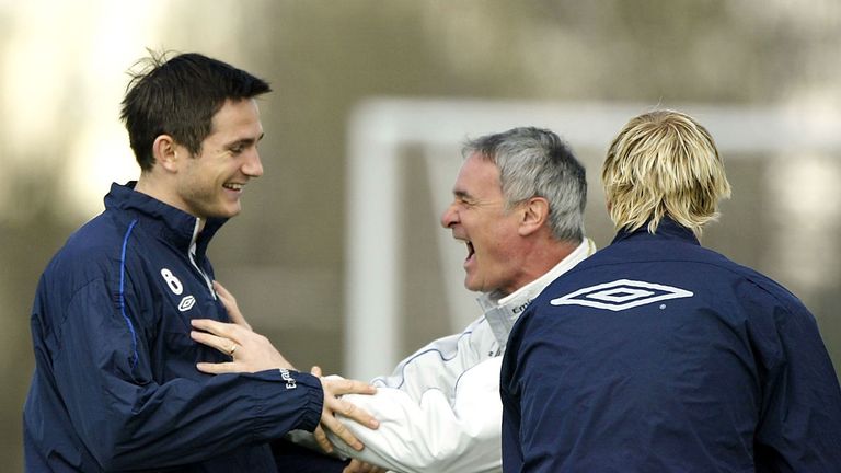 Claudio Ranieri, Chelsea manager, jokes with Frank Lampard during  training prior to a game against Middlesbrough in April 2004