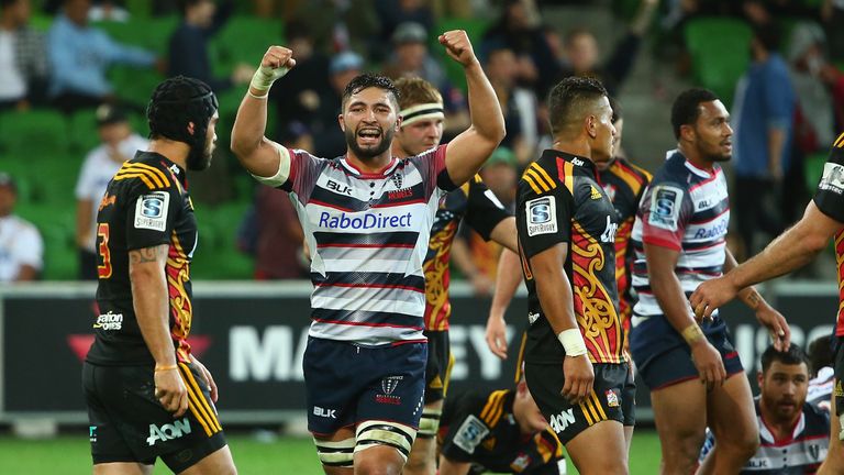 Colby Faingaa of the Rebels celebrates after the Rebels defeated the Chiefs