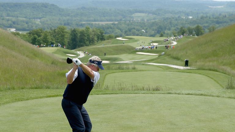 Colin Montgomerie tees off on the second hole at French Lick