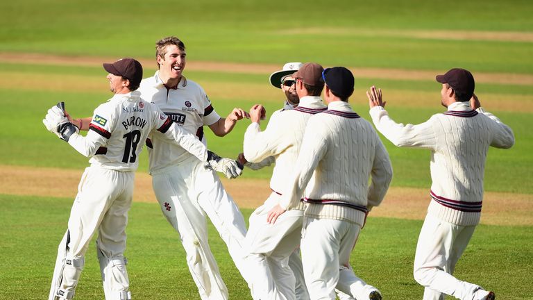 Craig Overton of Somerset celebrates the wicket of Samit Patel of Nottinghamshire