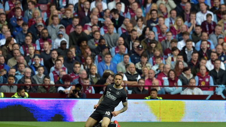 Danny Ings of Burnley celebrates after he scores with a header at Aston Villa 