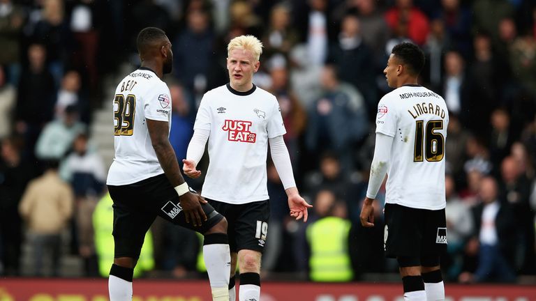 DERBY, ENGLAND - MAY 02:  Darren Bent, Will Hughes and Jesse Lingard of Derby look on, after Reading scored their third goal during the Sky Bet Championshi
