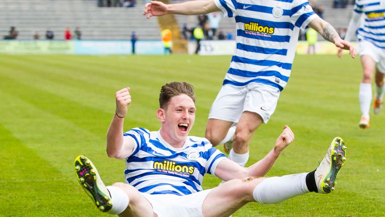 Declan McManus celebrates after scoring Morton's third goal of the game