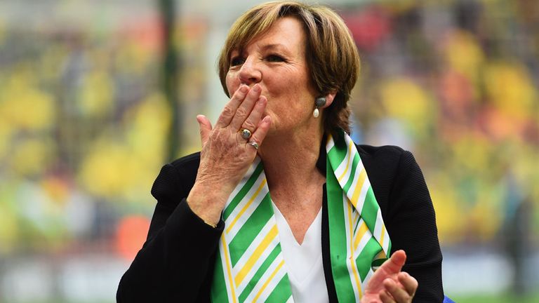 LONDON, ENGLAND - MAY 25:  Norwich City Majority Shareholder Delia Smith celebrates after the Sky Bet Championship Playoff Final between Middlesbrough and 