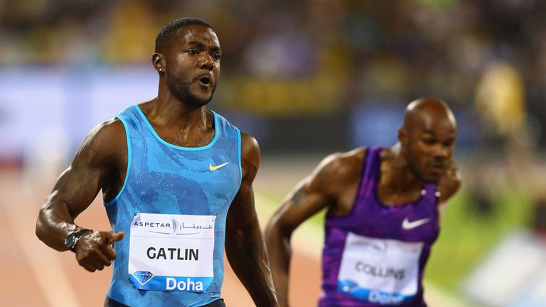 Justin Gatlin of the United States crosses the line to win the Men's 100m