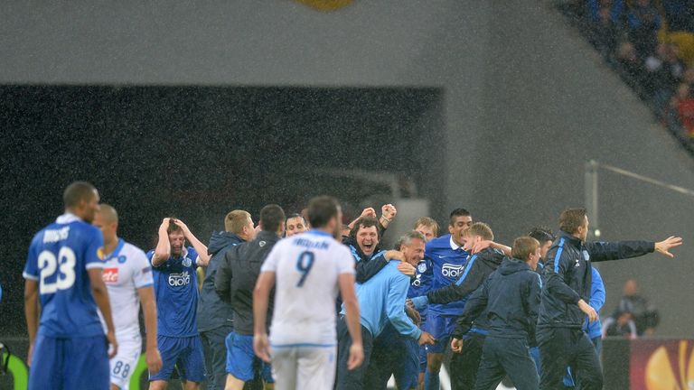 Dnipro players celebrate victory over Napoli, Europa League