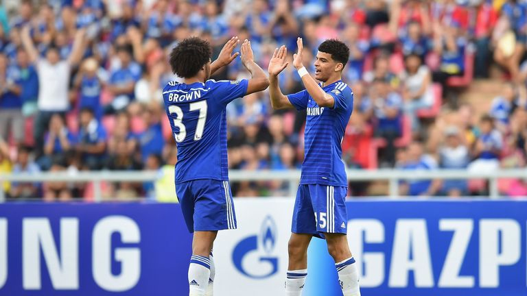 Dominic Solanke (R) #35 and team mate Isaiah Brown #37 (L) of Chelsea celebrate during the international friendly match v Thailand All-Stars in Bangkok