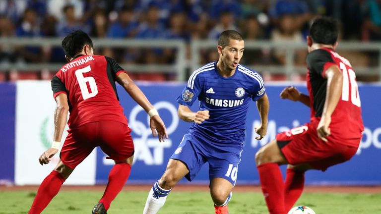 Eden Hazard of Chelsea competes for the ball during the international friendly match between Thailand All-Stars and Chelsea FC 