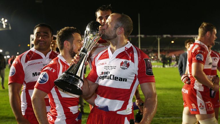 Gloucester's Charlie Sharples celebrates after victory over Edinburgh in the European Rugby Challenge Cup Final