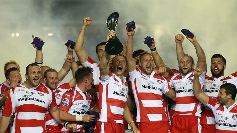 Gloucester celebrate with the European Challenge Cup after their victory over Edinburgh in the European Rugby Challenge Cup Final at Twickenham Stoop