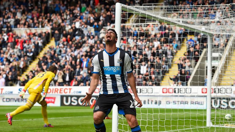 Emmanuel Riviere of Newcastle United reacts during the Barclays Premier League match between Newcastle United and West Ham United