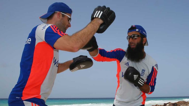 Moeen Ali, training with Phil Scott on Accra Beach, Barbados