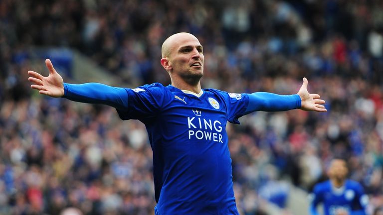 Esteban Cambiasso of Leicester City celebrates scoring his team's fourth goal against QPR