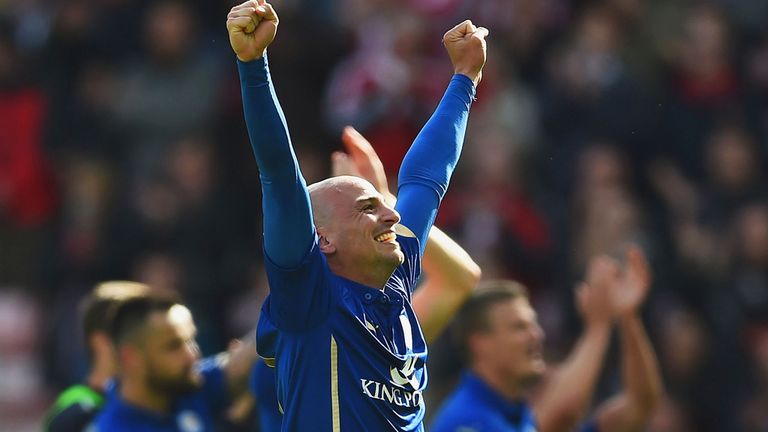 Esteban Cambiasso of Leicester City celebrates avoiding relegation