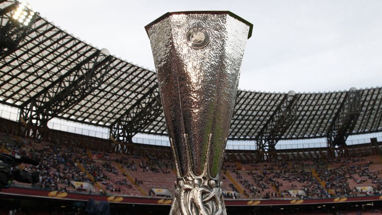 The UEFA Europa League trophy is pictured before the UEFA Europa League semi final first leg football match 