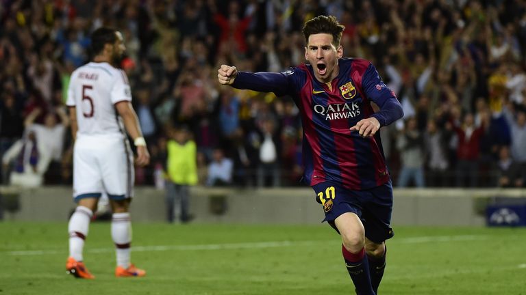 Barcelona's Lionel Messi celebrates after scoring against  Bayern Munich at the Camp Nou stadium in Barcelona on May 6, 2015.