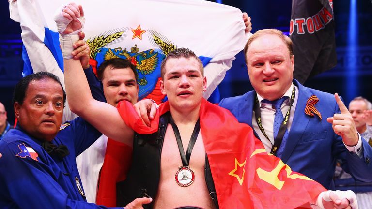 Fedor Chudinov celebrates after defeating Felix Sturm 