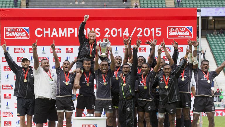 The Fiji team celebrate after being crowned champions of the rugby Sevens world series