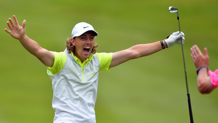Tommy Fleetwood celebrates albatross at the BMW PGA Championship at Wentworth