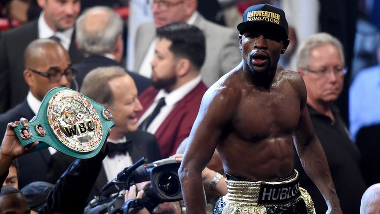 LAS VEGAS, NV - MAY 02: Floyd Mayweather Jr. celebrates the unanimous decision victory during the welterweight unification championship bout on May 2, 2015