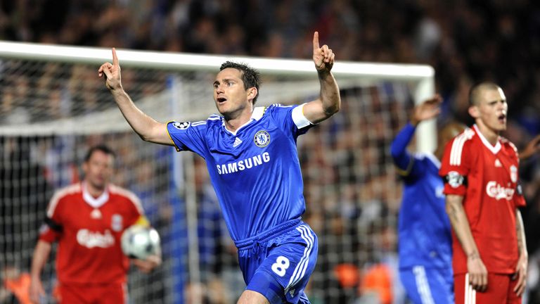 Chelsea's Frank Lampard celebrates scoring his teams' third goal against Liverpool during the UEFA Champions League quarter-final second leg in 2009
