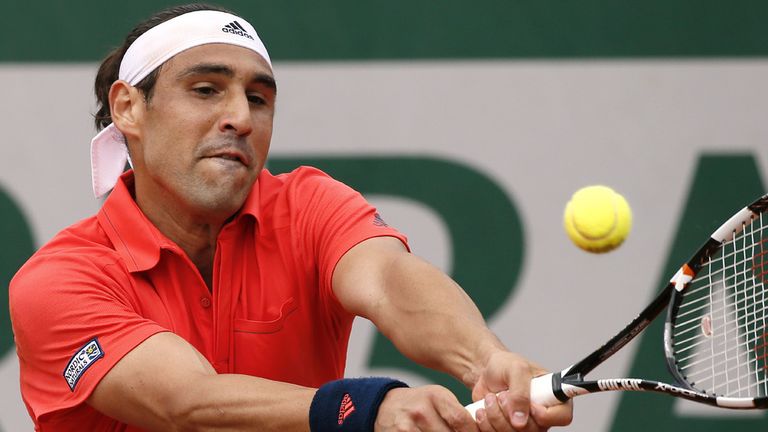 Cyprus' Marcos Baghdatis gestures during his match against Croatia's Ivo Karlovic