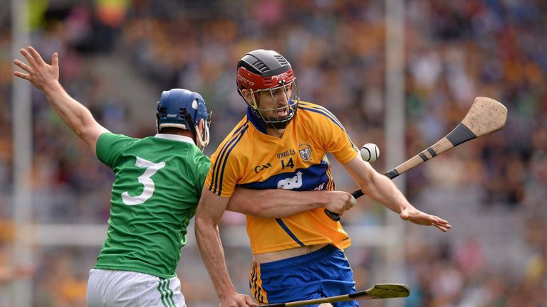 18 August 2013; Darach Honan, Clare, in action against Richie McCarthy, Limerick 2013 All-Ireland semi-final