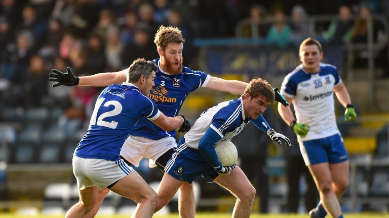 Dessie Mone, Monaghan, in action against , Mark McKeever, left, and Rory Dunne, Cavan